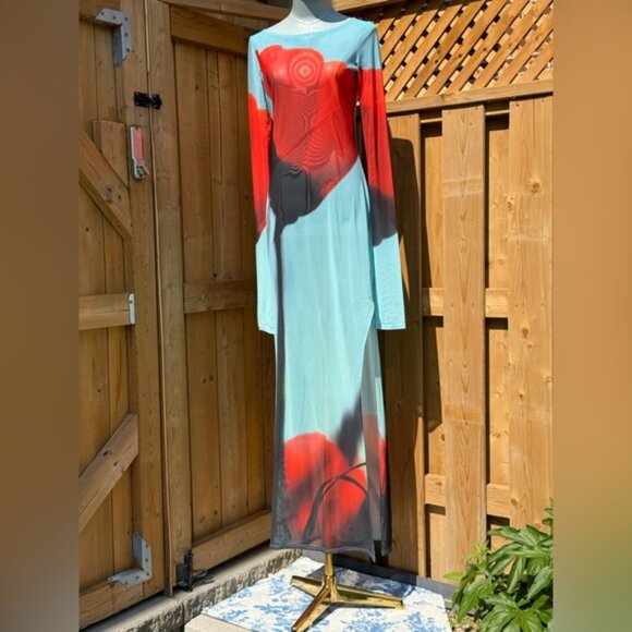 🆕 RAT & BOA 🧿 NWOT Santino Sheer Long Sleeve Dress, Blue with Red Tulip, Sz M - Picture 3 of 16